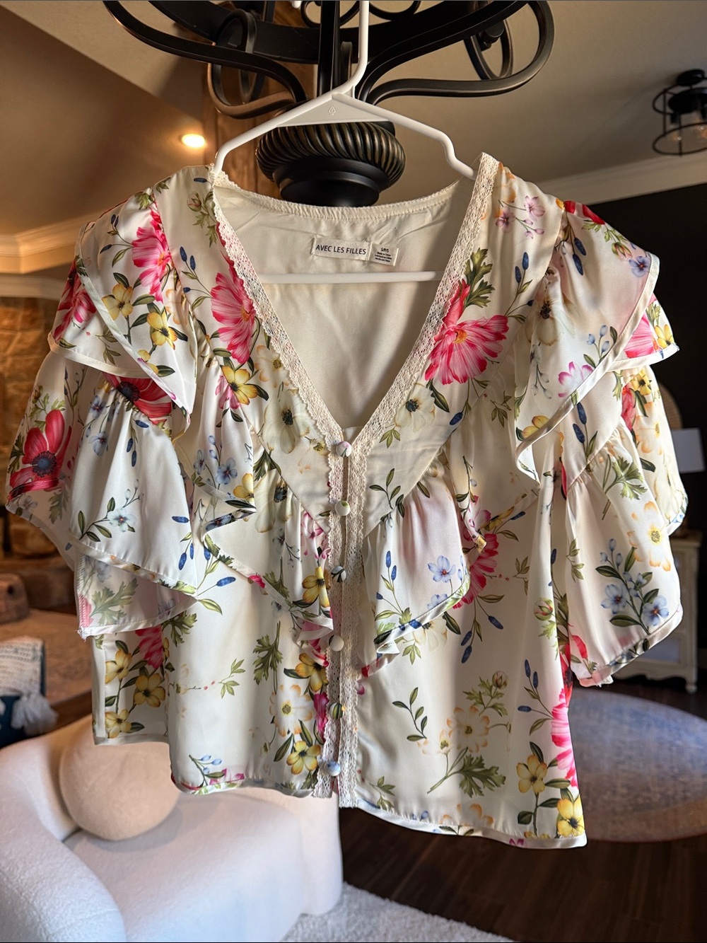 Avec Les Filles Cream Floral Ruffle Blouse with Pink & Yellow Blooms